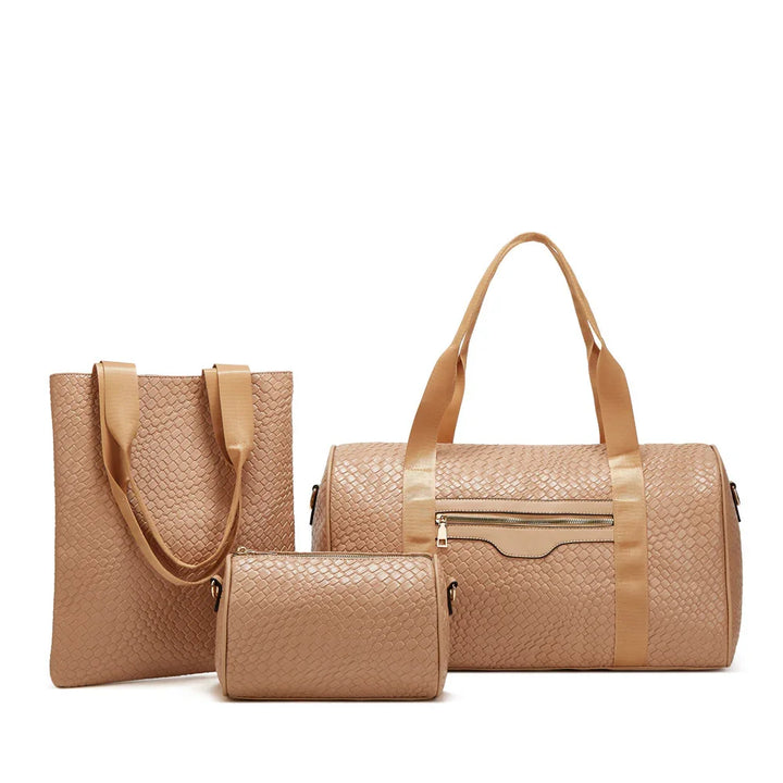 Set of three matching beige woven leather bags including tote, duffel, and small zip pouch