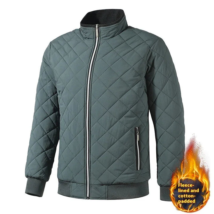 green quilted jacket with front zipper, zip pockets, ribbed cuffs and fleece-lined cotton padding