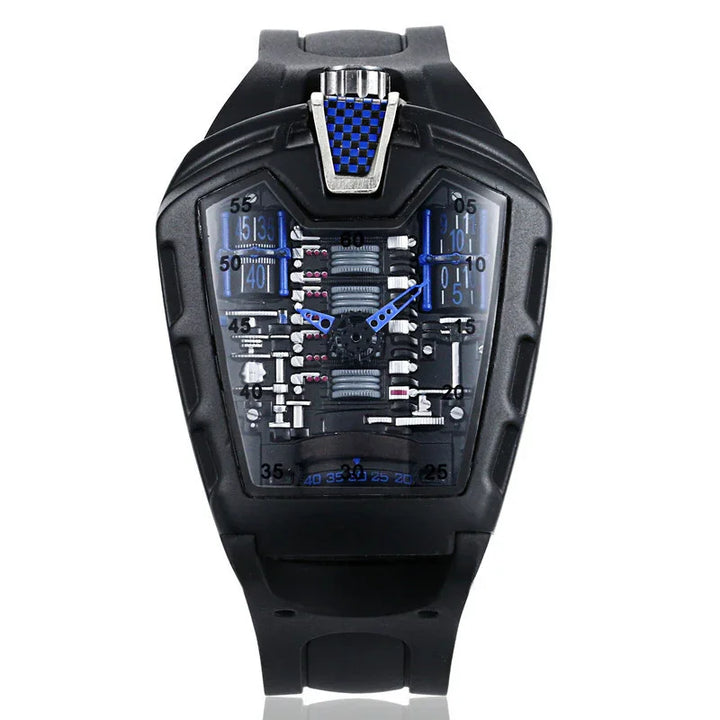 Black futuristic mechanical wristwatch with blue accents and transparent dial showing intricate gears