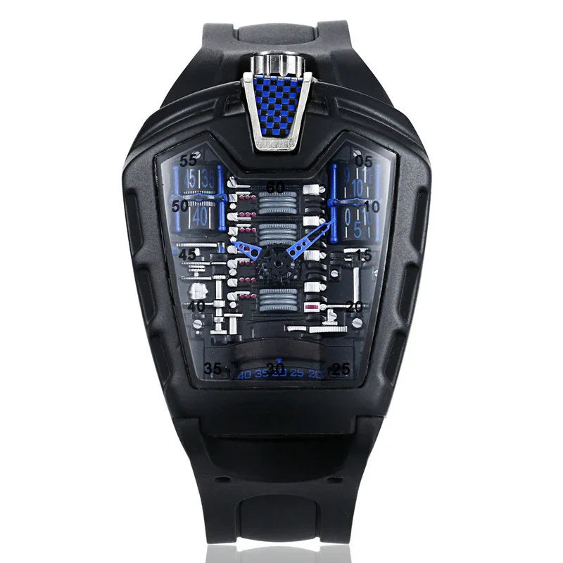 Black futuristic mechanical wristwatch with exposed gears and blue accents on black rubber strap