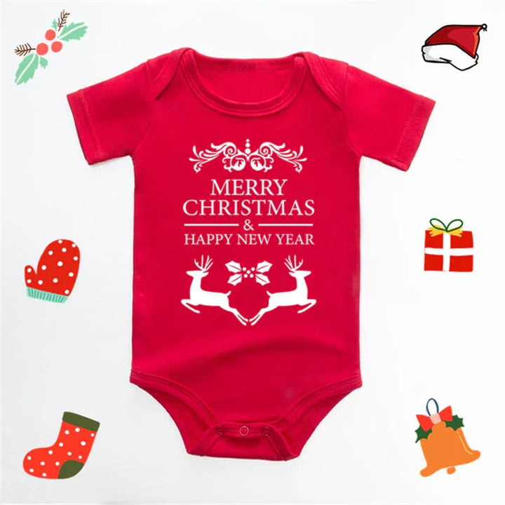 Red baby onesie with white Christmas design and text Merry Christmas & Happy New Year