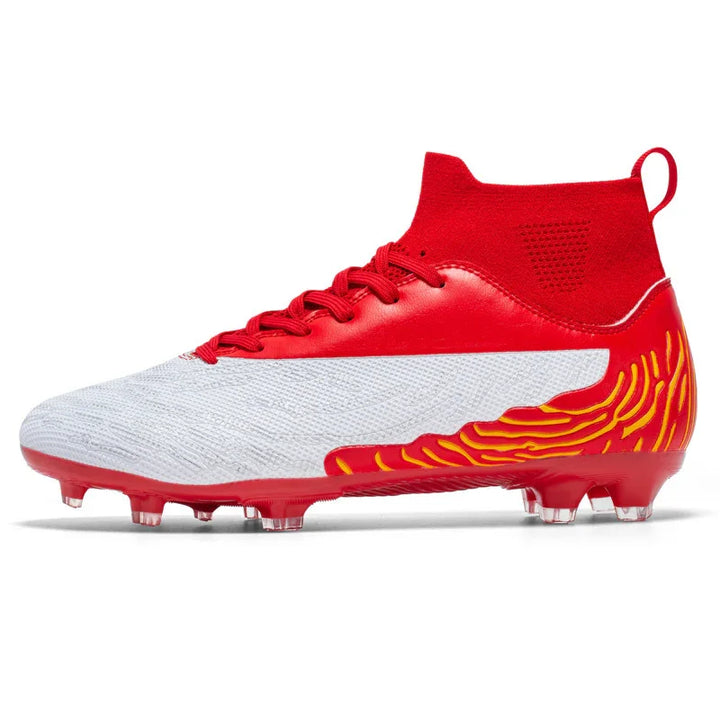 Red and white soccer cleat with high ankle collar and yellow flame design on heel