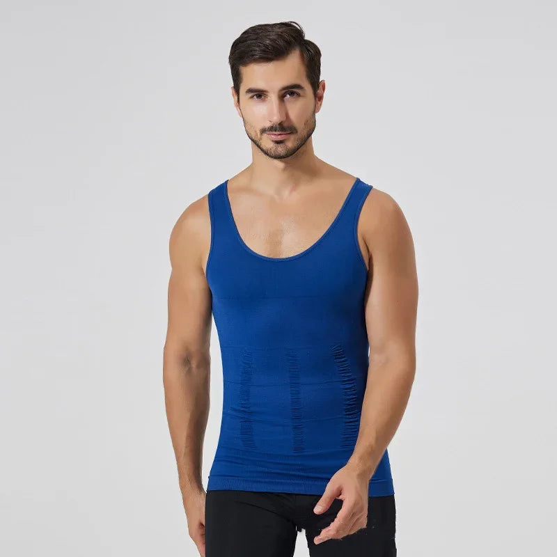 fit man wearing blue compression tank top with black shorts against gray background