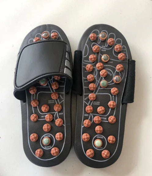 Black magnetic acupressure therapy sandals with adjustable straps and labeled foot reflexology points