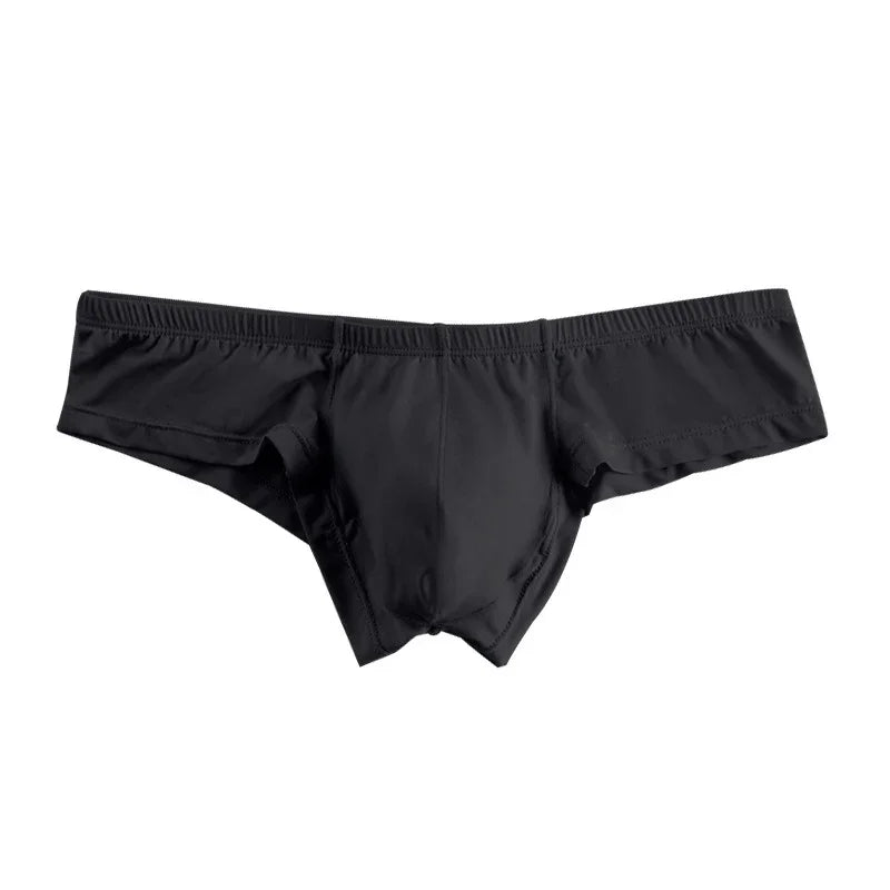 Black men's low-rise bikini underwear with elastic waistband on white background