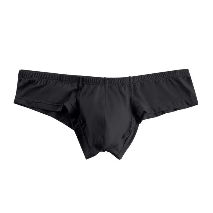 Black men's low-rise bikini underwear with elastic waistband on white background
