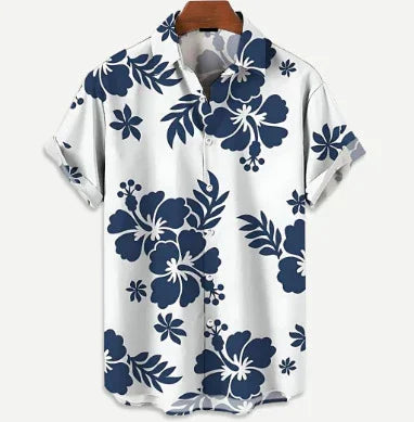 White short-sleeve button-up shirt with navy blue tropical hibiscus flower and leaf print