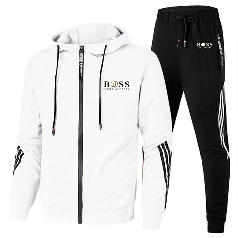 White zip-up hoodie with black stripes and BOSS Flexx Apparel logo, paired with black jogger pants