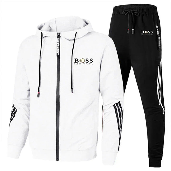 White zip-up hoodie with black stripes and BOSS Flexx Apparel logo, paired with black jogger pants