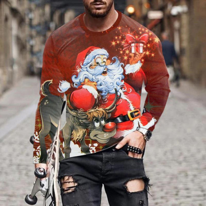 Man wearing festive Christmas sweater with cartoon Santa and reindeer holding a gift box