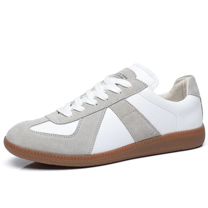 White and gray suede leather casual sneaker with gum sole and white laces