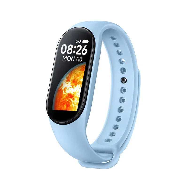 Light blue fitness tracker with digital time display 08:26 and earth wallpaper on screen