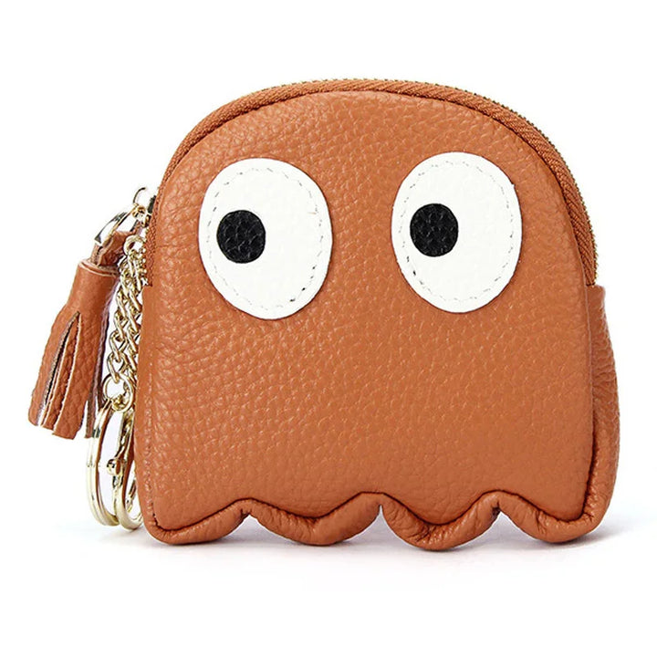 Brown leather coin purse with large cartoon eyes and gold keychain with tassel