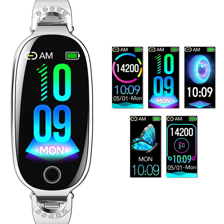 Silver smart bracelet with customizable colorful digital watch faces showing time, date, and step count