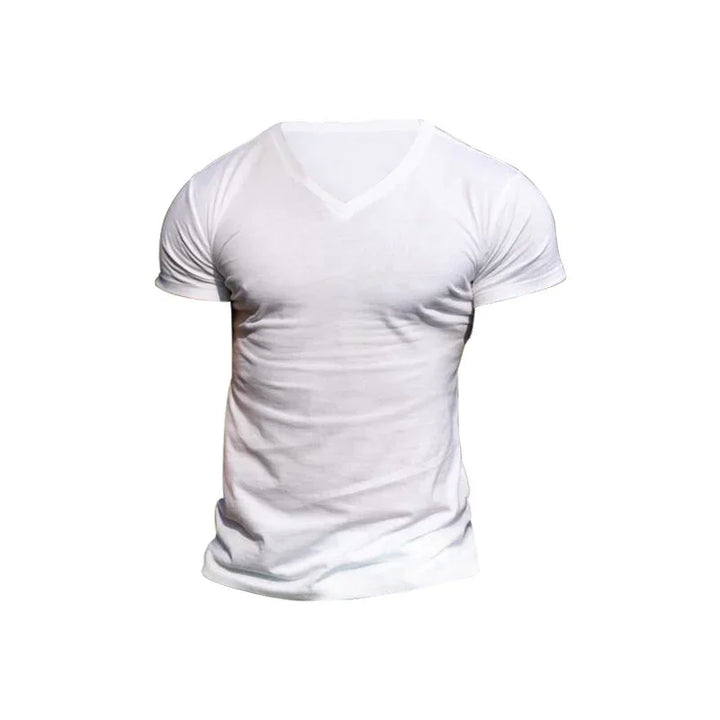 Plain white fitted V-neck T-shirt on blank background, casual men's cotton shirt