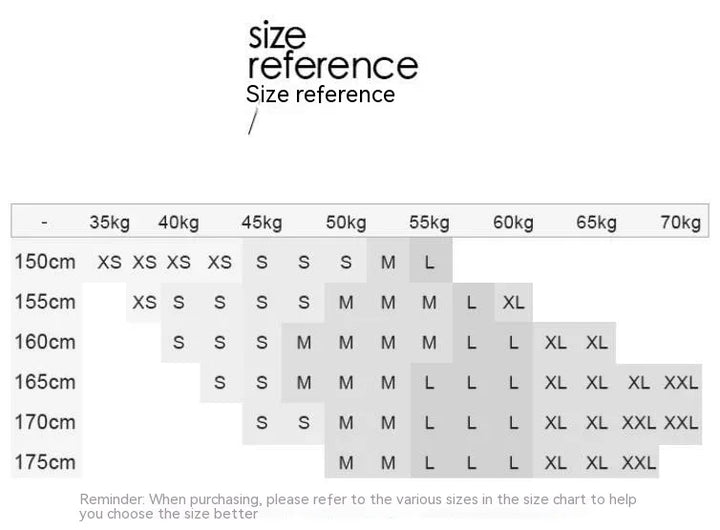 Size reference chart for clothing with height from 150cm to 175cm and weight from 35kg to 70kg showing size XS to XXL
