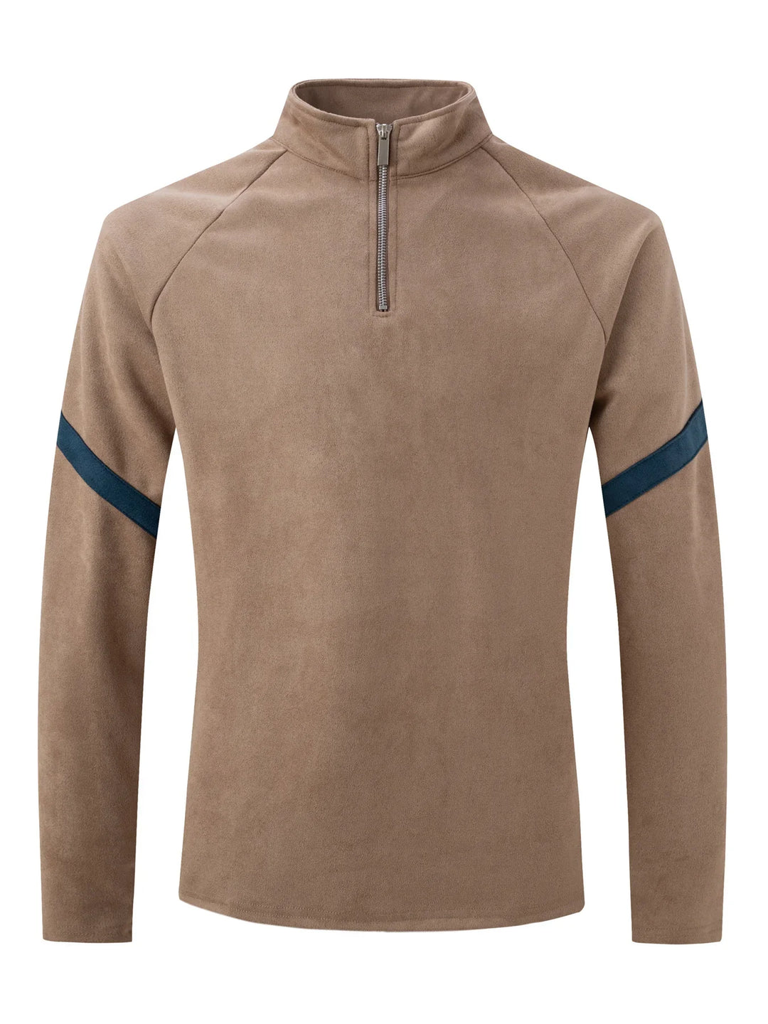 tan fleece pullover with quarter zip and navy stripe on sleeves