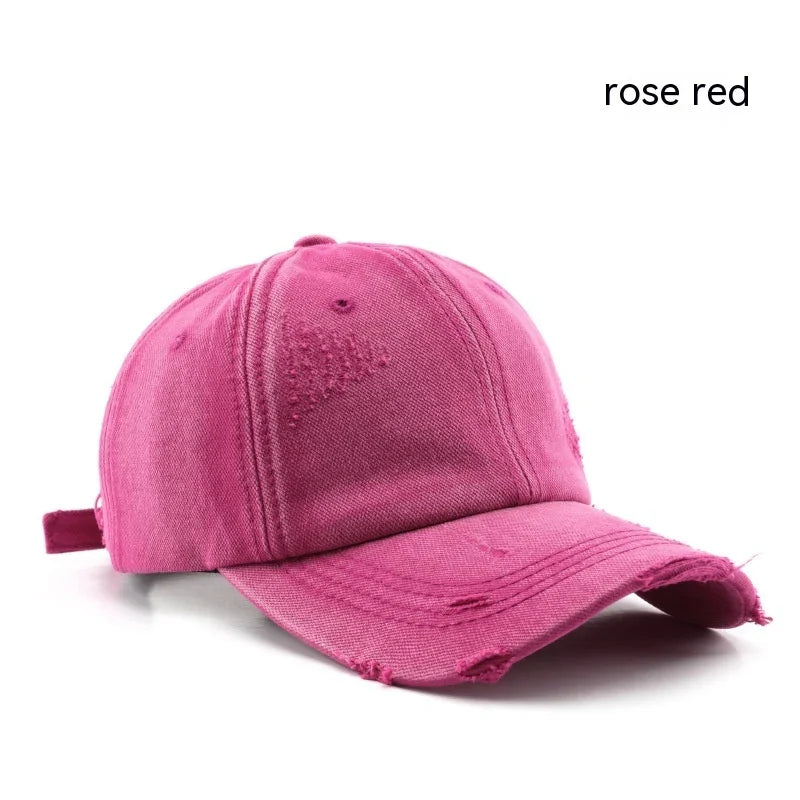rose red distressed cotton baseball cap with curved brim on white background