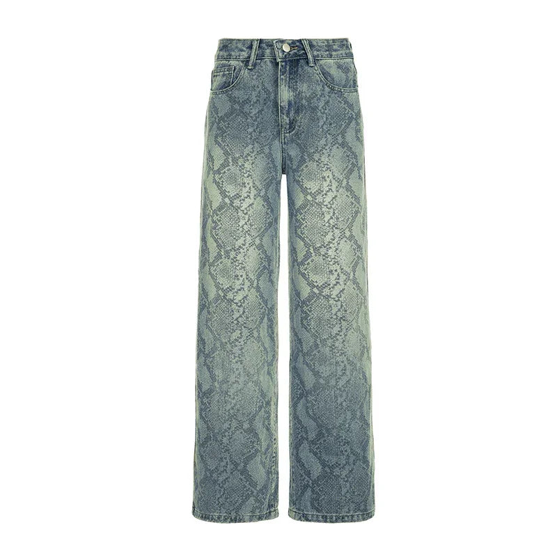 High-waisted wide-leg jeans with blue snake print pattern on white background
