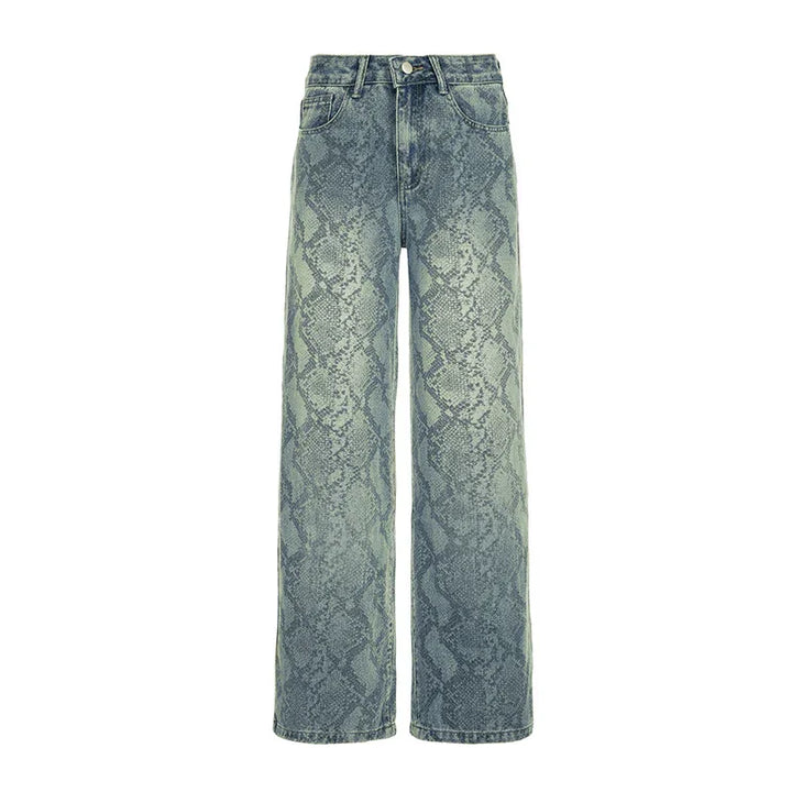 High-waisted wide-leg jeans with blue snake print pattern on white background
