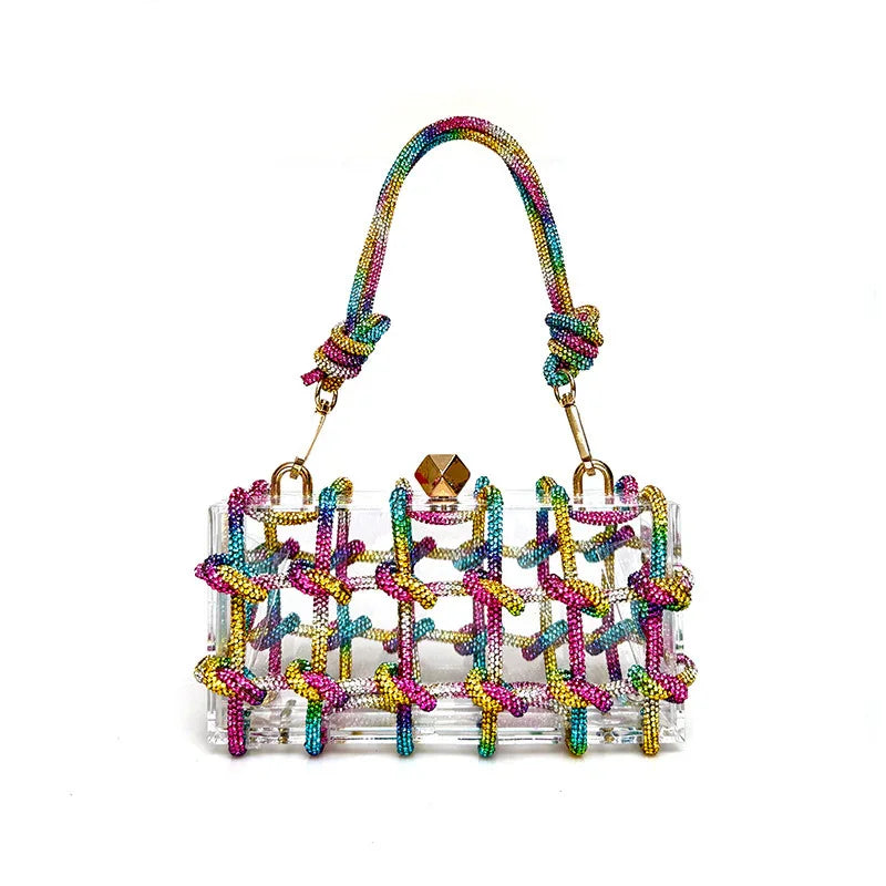 Clear acrylic handbag with colorful beaded netting and braided handle with gold clasp