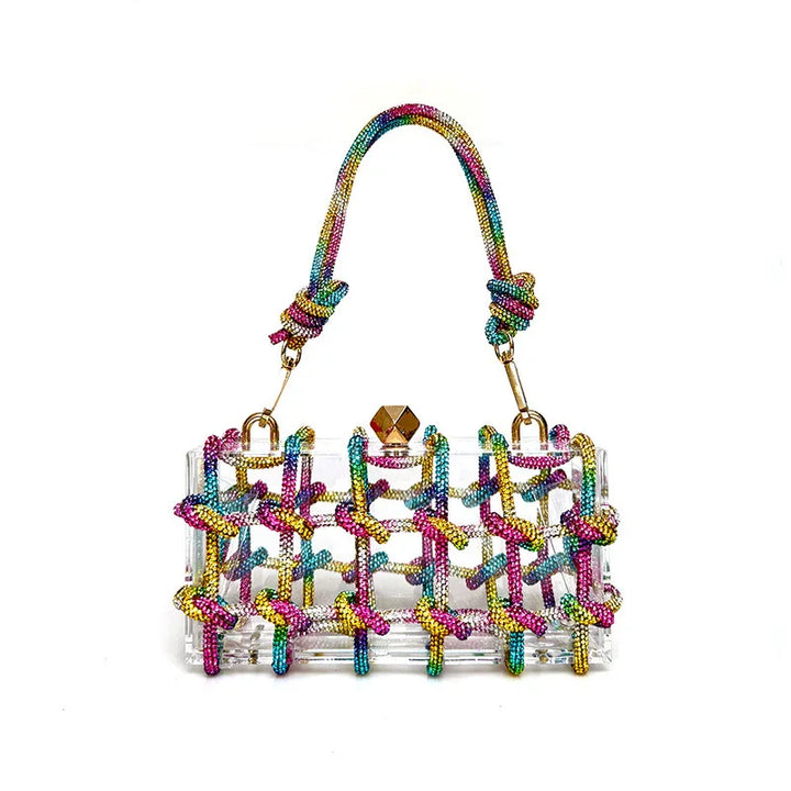 Clear acrylic handbag with colorful beaded netting and braided handle with gold clasp
