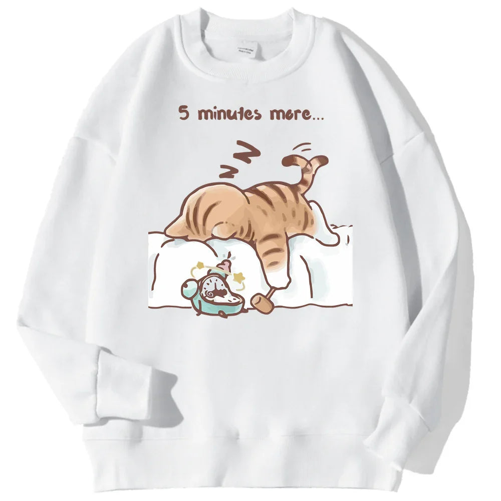White sweatshirt with cartoon of a sleeping cat and alarm clock, text 5 minutes more