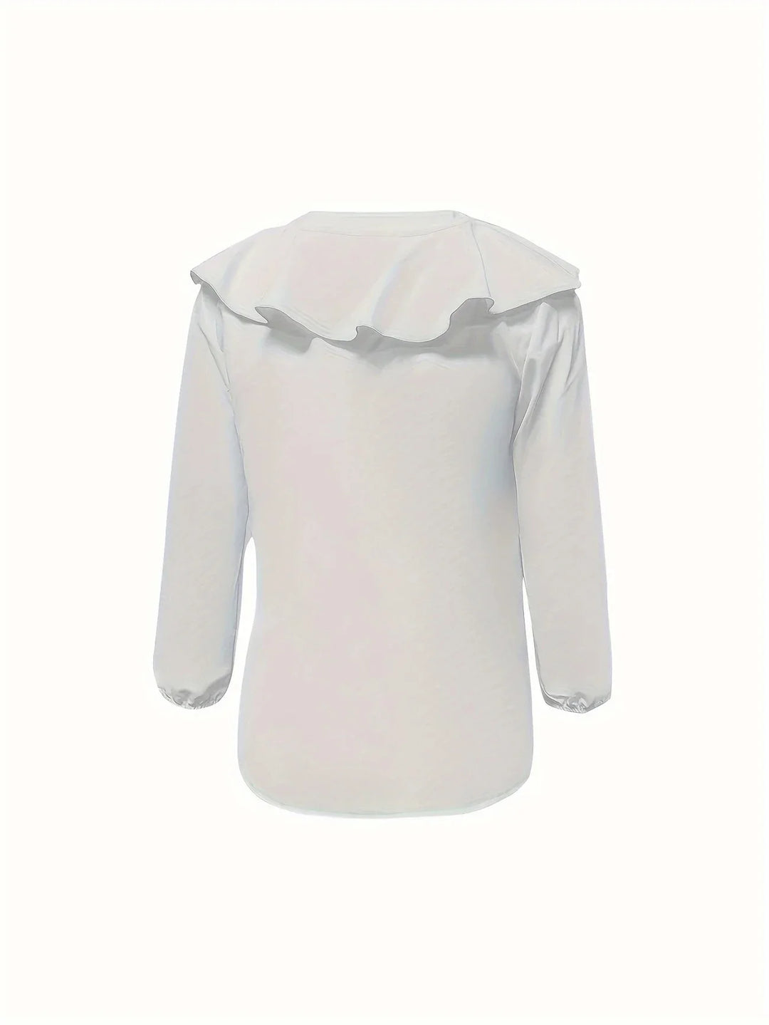 Back view of white long-sleeve shirt with ruffled collar and elastic cuffs on plain background