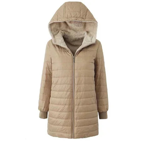 Beige hooded quilted jacket with plush inner lining and front zipper for women