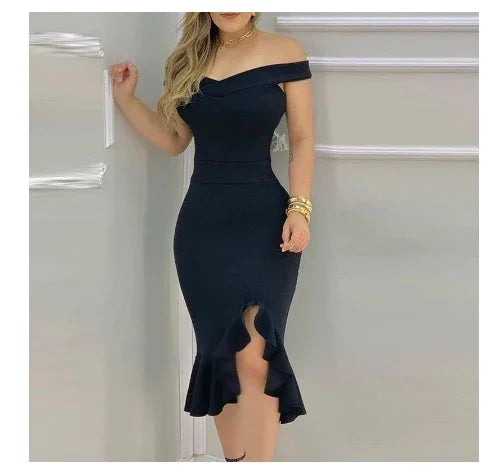 Woman wearing an off-shoulder black midi dress with ruffle hem and front slit, accessorized with gold jewelry