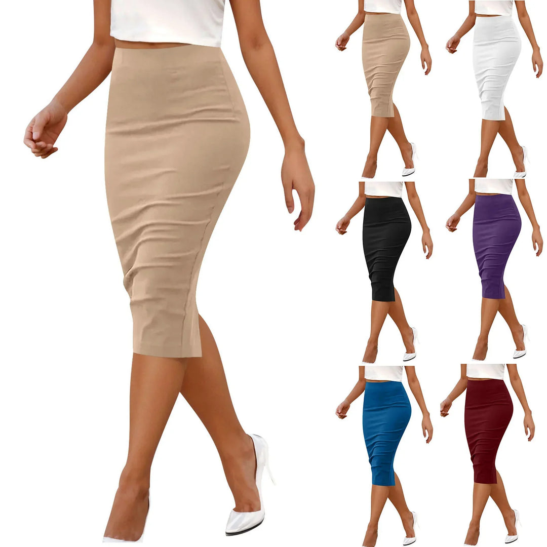 Women wearing knee-length pencil skirts in beige, white, black, purple, blue, and maroon with white heels