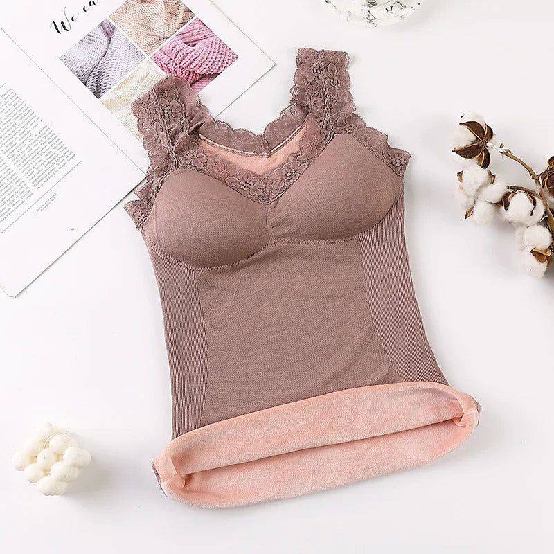 Brown lace-trimmed warm thermal camisole with padded bust and soft pink fleece lining