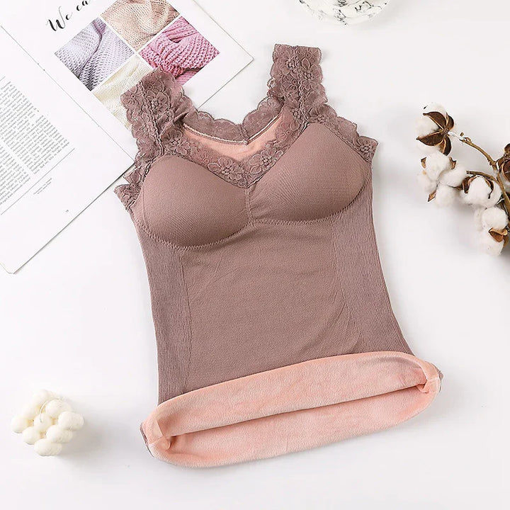 Brown lace-trimmed warm thermal camisole with padded bust and soft pink fleece lining