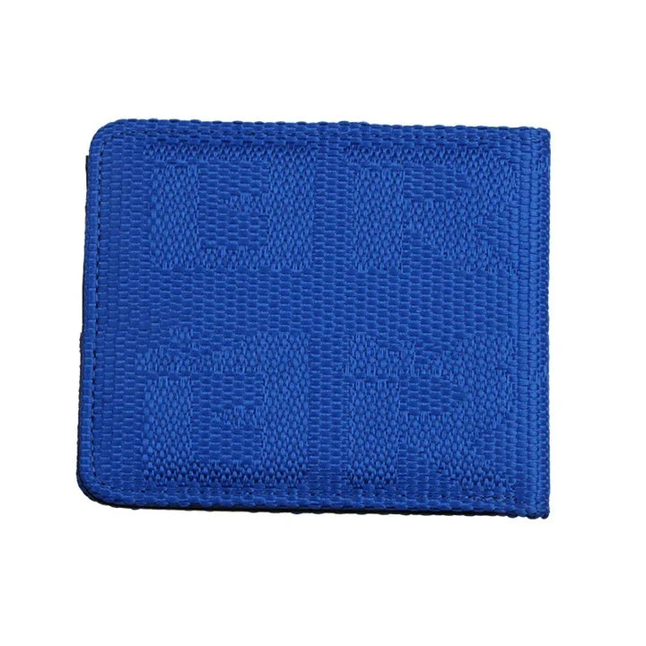 Blue textured wallet with embossed pattern and rounded corners on white background