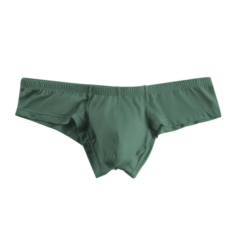 Green men's bikini briefs underwear with elastic waistband on white background