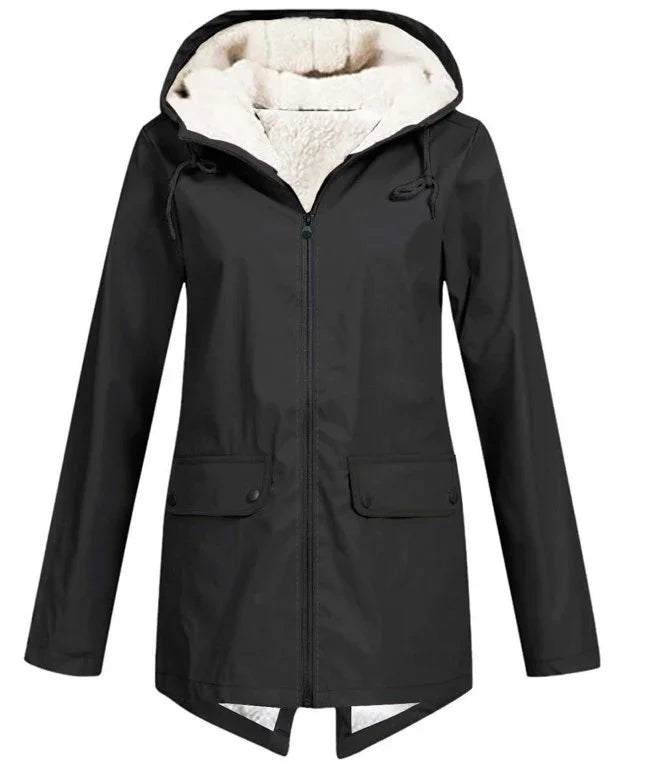 Black women's hooded winter jacket with front zipper, flap pockets, and white fleece lining