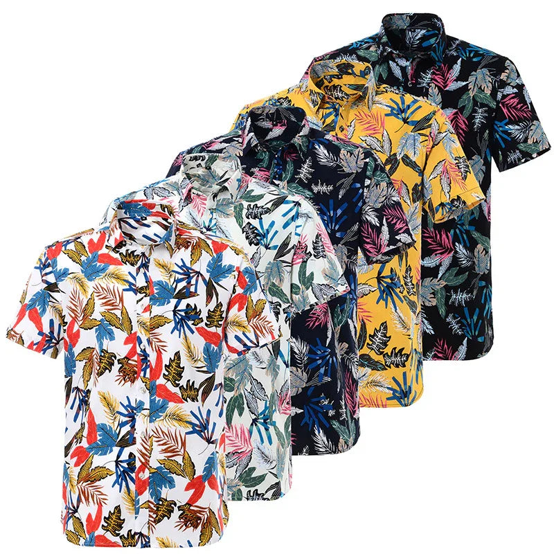 Set of five colorful tropical print short sleeve shirts in white, blue, yellow, and black backgrounds