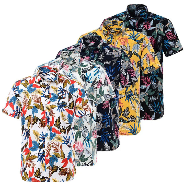 Set of five colorful tropical print short sleeve shirts in white, blue, yellow, and black backgrounds