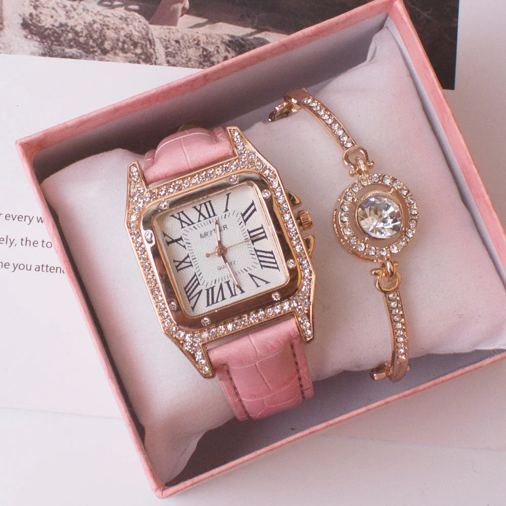 Elegant women's watch with pink leather strap and rhinestone bezel, paired with a rhinestone bracelet in gift box