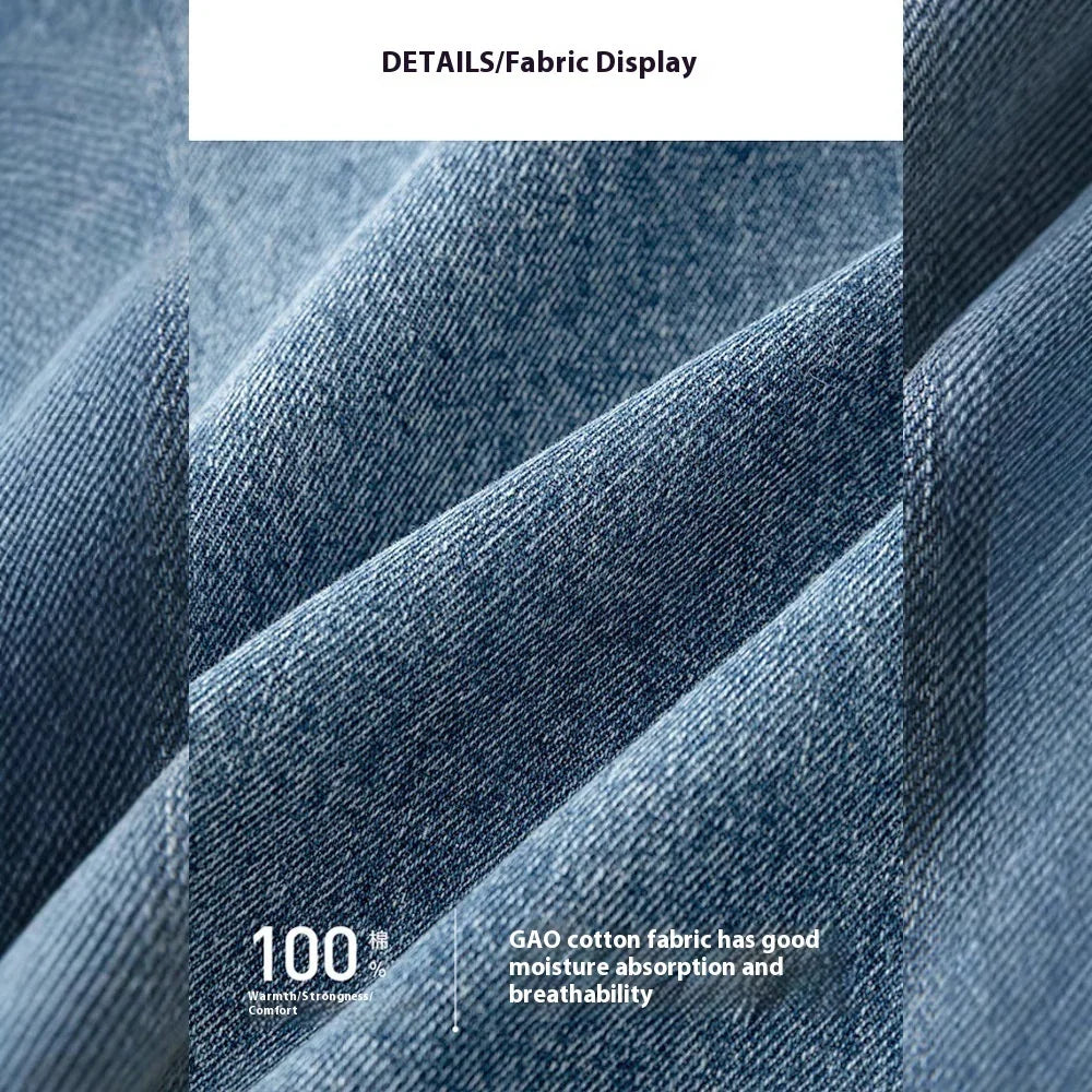 Close-up of blue GAO cotton fabric folded to show texture and weave with breathability text