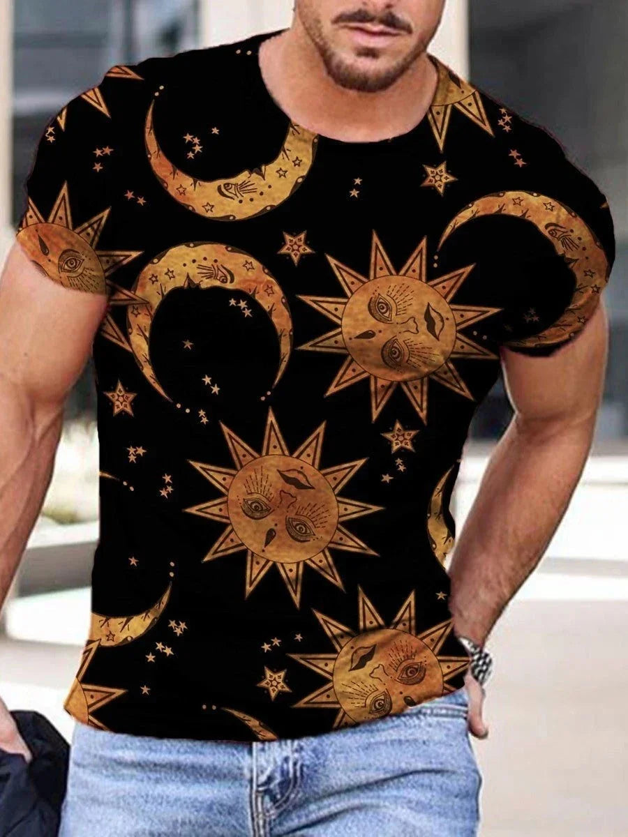 Man wearing black fitted t-shirt with orange celestial sun, moon, and star print design