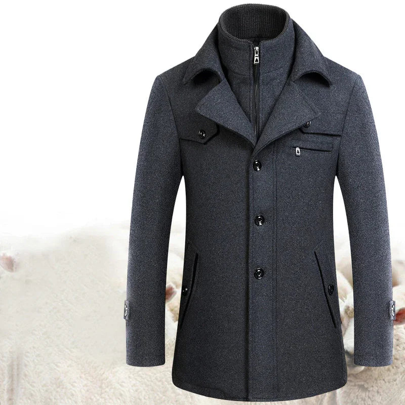 Stylish dark gray men's wool coat with button closure and zippered inner collar on white background