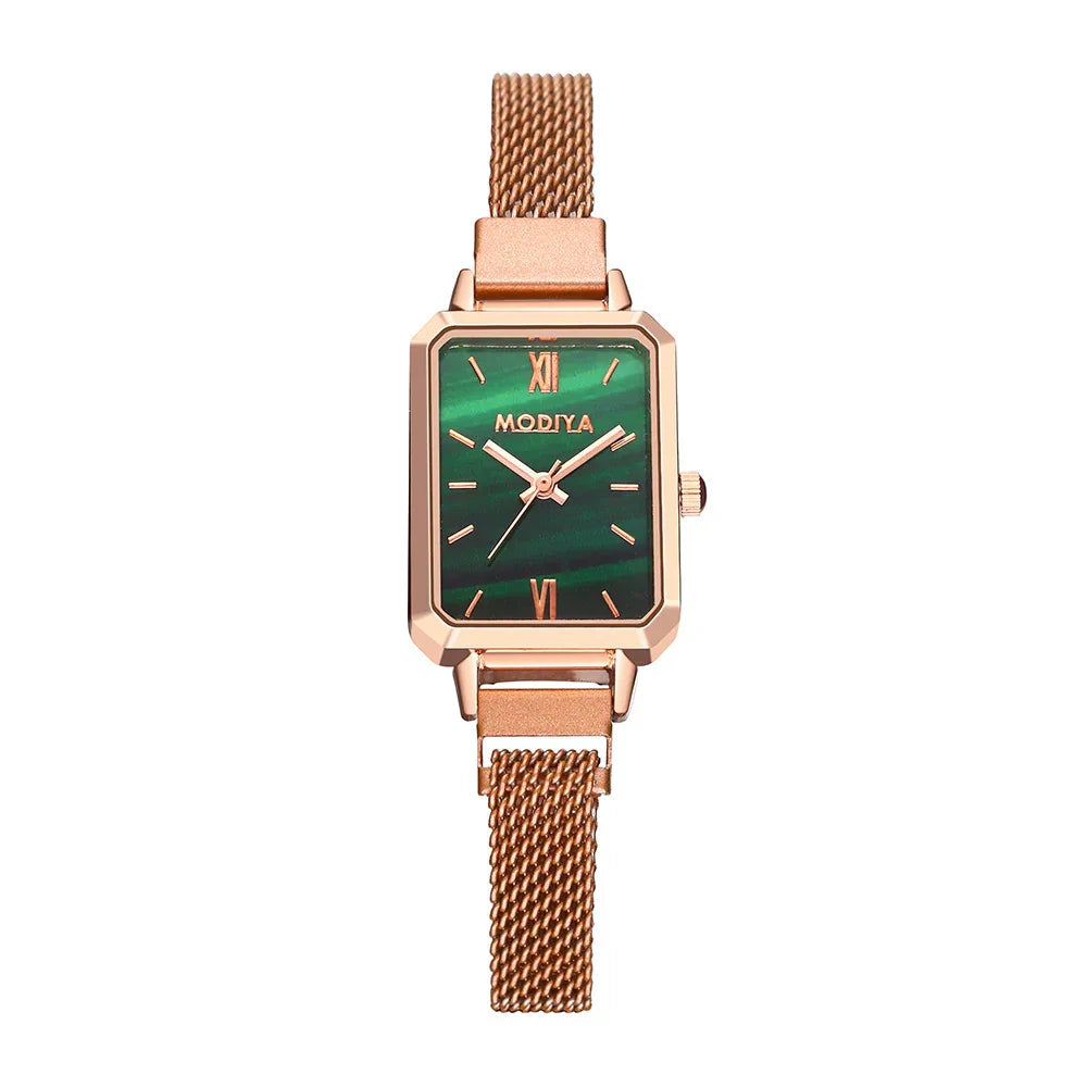 Rose gold mesh strap watch with rectangular green dial and Roman numerals XII and VI