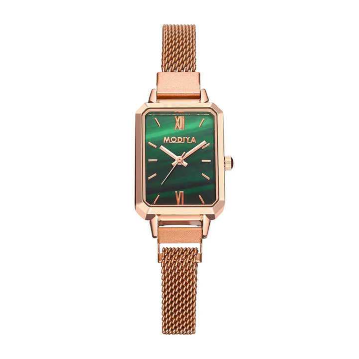 Rose gold mesh strap watch with rectangular green dial and Roman numerals XII and VI