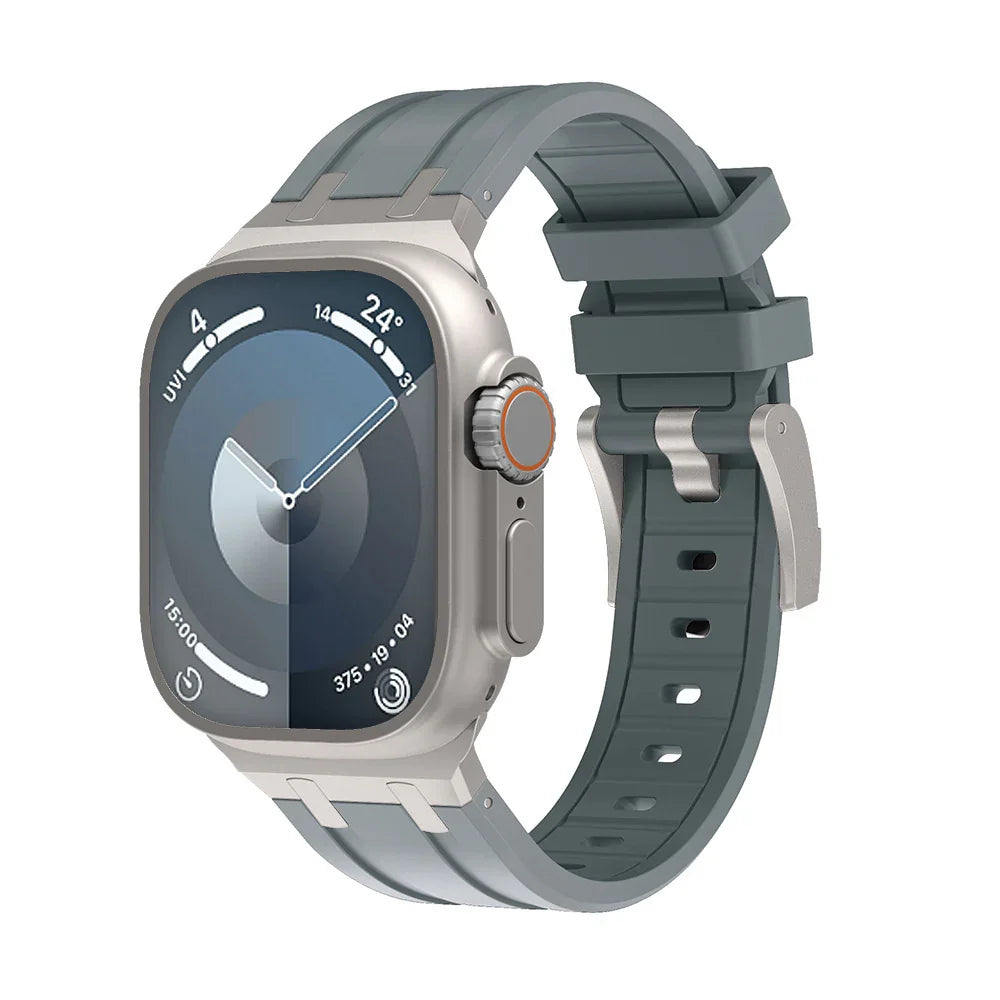 Modern smartwatch with gray sports band and digital round dial showing time and weather data