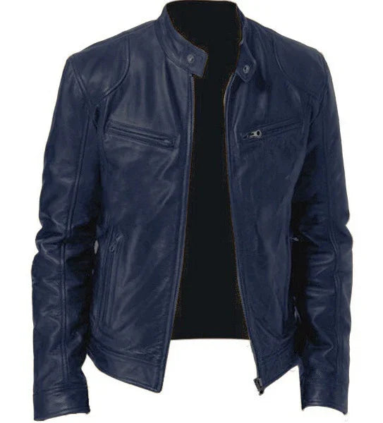 navy blue leather jacket with stand collar and zippered chest and side pockets