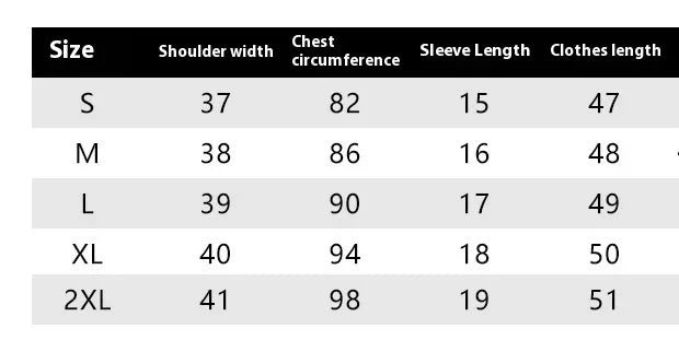Clothing size chart showing shoulder width, chest circumference, sleeve length, and clothes length for sizes S to 2XL