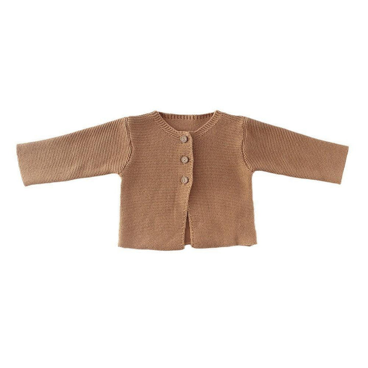 Brown knitted baby cardigan with three buttons and long sleeves on white background