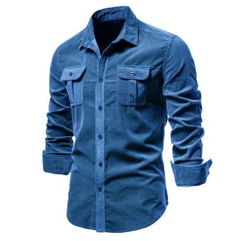 Men's blue corduroy button-up shirt with long sleeves and chest pockets