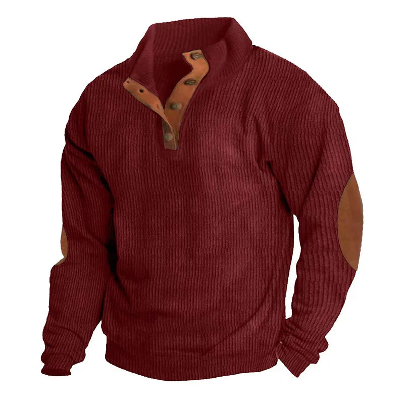 Men's maroon long-sleeve button-up sweater with brown elbow patches and collar accents